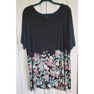 J. Jill 2X Wearever‎ Collection Black Floral Top Tunic  Square Neck Stretch
